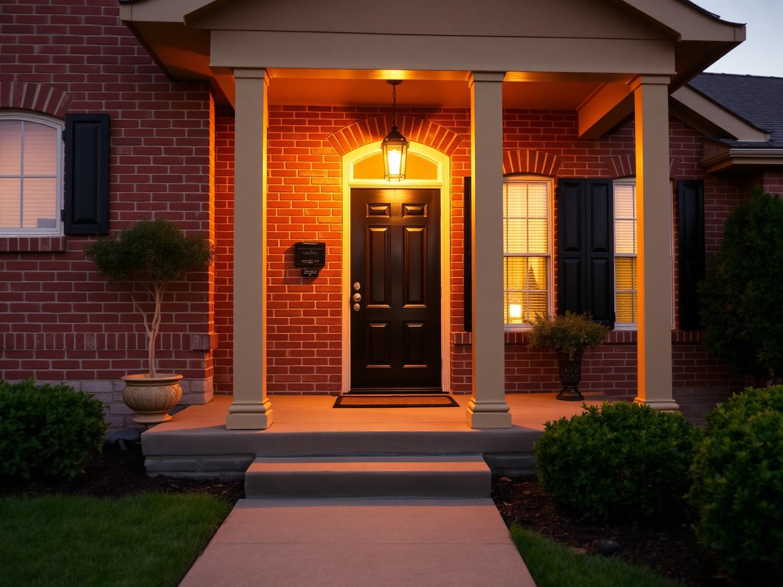 A warmly lit Texas home front porch at dusk